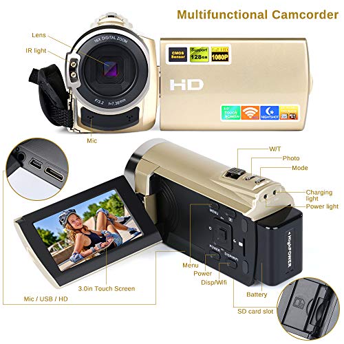 Video Camera Camcorder WiFi FHD 1080P 30FPS 24MP Infrared Night Vision YouTube Vlogging Camera Recorder 3.0 Inch 270 Degree Rotation Touch Screen 16X Digital Zoom Camcorder with 2 Batteries