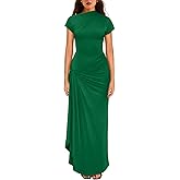 YMDUCH Women's Casual Short Sleeve Boat Neck Ruched High Split Bodycon Long Party Dress
