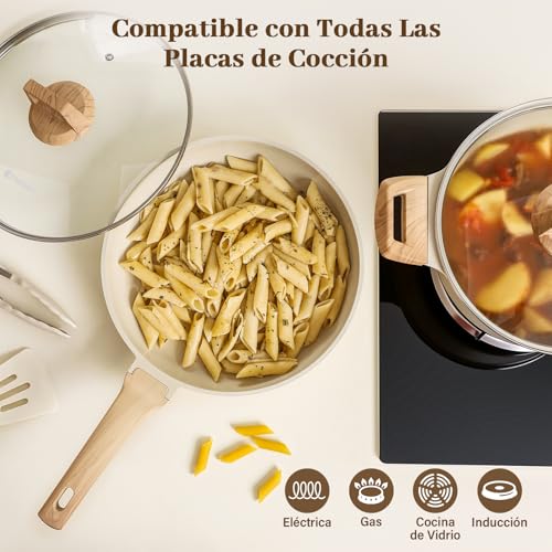 CHEFOLLA Sartenes Antiadherentes 12 Piezas, Bateria de Cocina, Juego de Sartenes de Induccion, Juego de Ollas y Sartenes, Fácil Limpieza, con Sartenes y Cacerolas, Granito Blanco