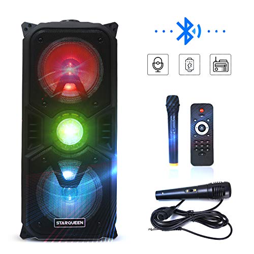 Portable Karaoke Machine with Dual 6.5 Inch Subwoofer PA Speaker System with DJ Light Ball/Bluetooth/AUX One Wired Microphone and One Wireless Microphone for Outdoor and Indoor Activities Party