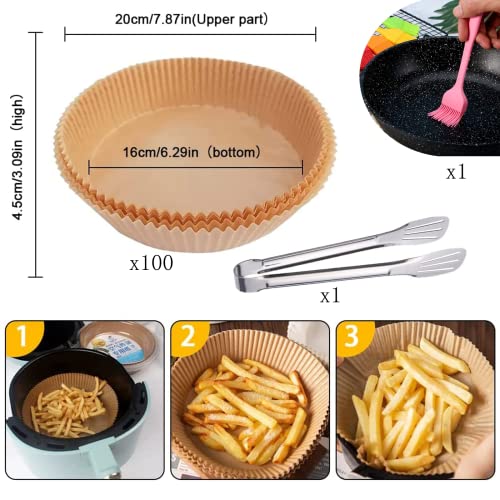 Air Fryer Disposable Paper Liner, Non-stick Disposable Air Fryer Liners, Baking Paper for Air Fryer Oil-proof, Water-proof, Parchment for Baking Roasting Microwave (100Pcs -7.9inch, Natural)