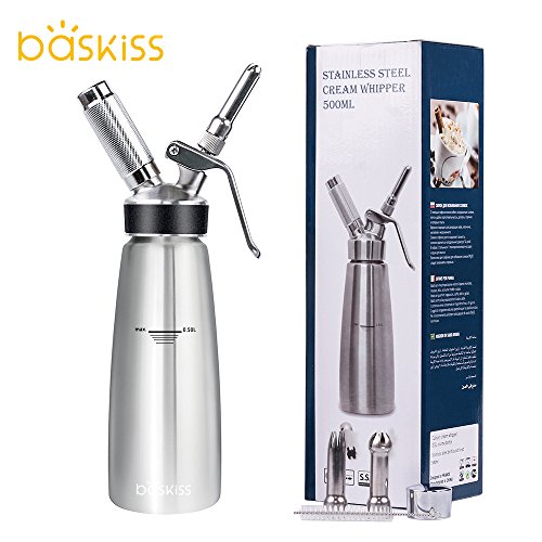 Whipped Cream Dispenser Stainless Steel, Profesional Cream Whipper, 3 Tip Attachment Nozzles, Fresh Cream for Baking and Beverages (500ml)