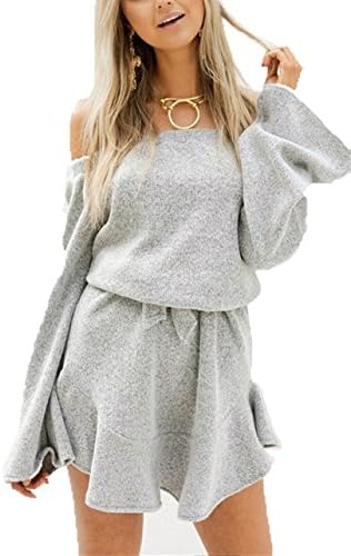 GUOYUJIANYI Autumn Winter Women Sexy Off Shoulder Strapless Long Sleeve Slim Waist Dress Large Grey