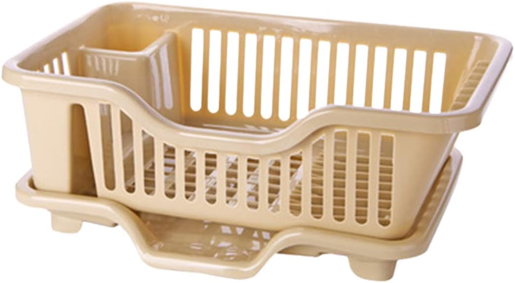 WOLFBUSH Plastic Dish Rack Multi-function Dish Storage Rack with Drain Board and Utensil Cup Kitchen Organizer Holder,44.5×27.6×17cm (Khaki)