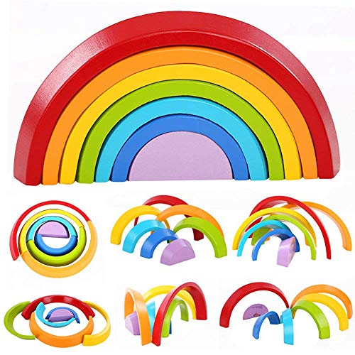 Sealive Wooden Rainbow Stacker Montessori Toys for Toddlers, Nesting Stacking Game Learning Color Shape Matching Jigsaw Puzzle, Geometry Building Blocks Educational Toys Development Gift for Kids