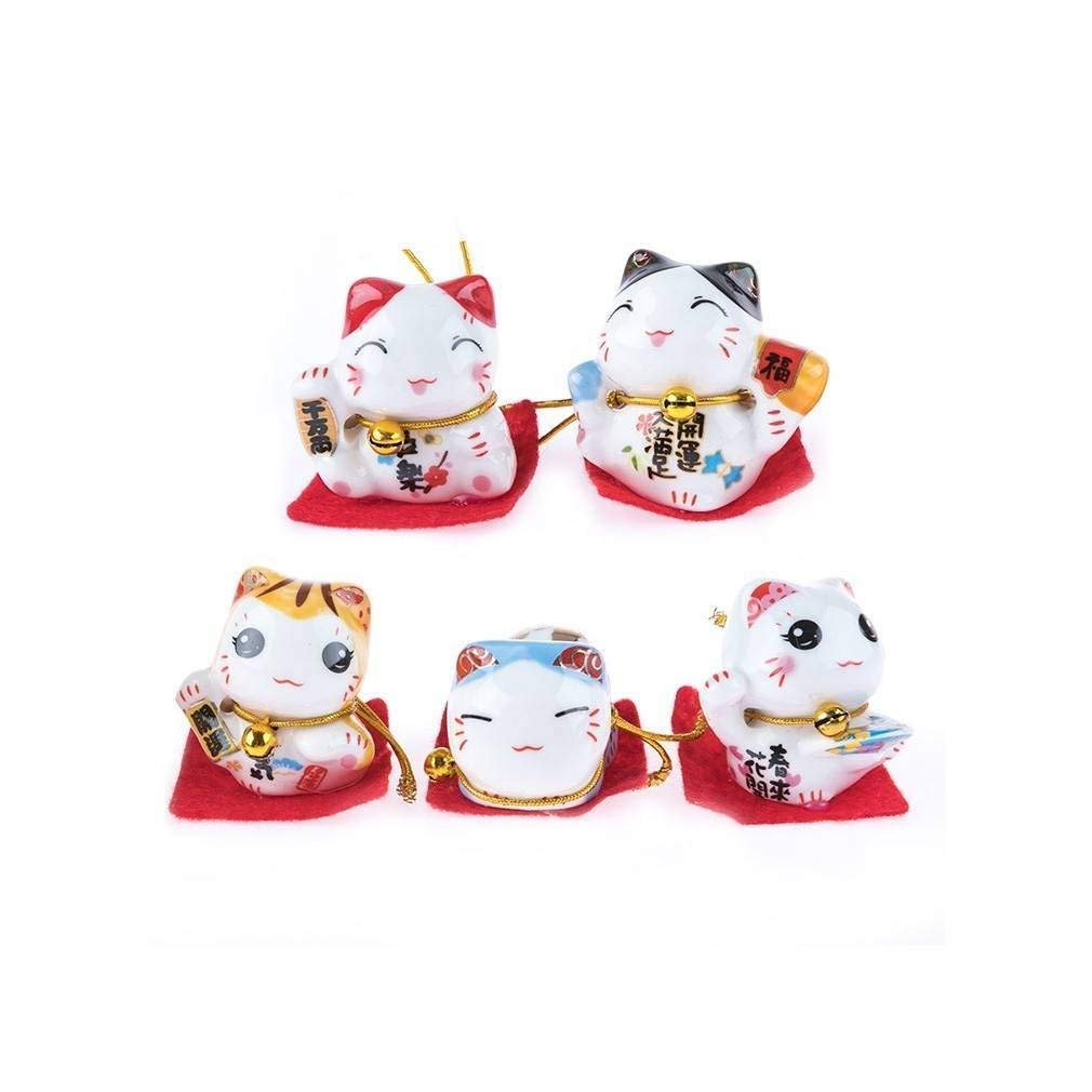 lachineuse - 5 Maneki Neko Cats - Japanese Lucky Cat Figurines - Kawaii Deco Items - Porcelain Lucky Cat 4.5cm - Cute Asian Cat - Good Luck, Happiness - White