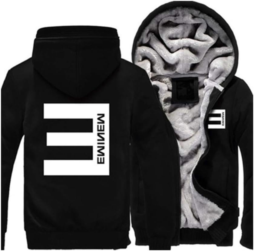Men's Full Zipper Hoodie Eminem Eminem Print Plus Velvet Padded Hooded Sweater Coat Fleece Hoodie, Suitable for Winter