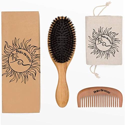 Boar Bristle Hair Brush and Wide-Tooth comb set by Baja Breeze to Promote Hair Growth and Naturally Condition Hair