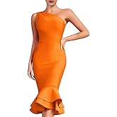 whoinshop Women's One Shoulder Mermaid Bodycon Dress Celebrity Midi Party Club Bandage Dress