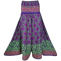 Mogul Interior Womens Wide Leg Pant Maxi Skirt Gypsy Recycled Silk Sari Smocked High Waist Split Long Skirts S/M