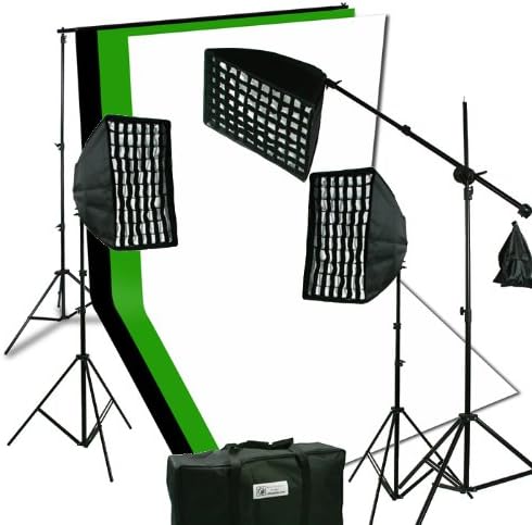 ePhoto 2400 Watt Digital Video Continuous Softbox Boom Hair Lighting Kit with 3pcs Black, White and Chromakey Green 10' x 10' Muslin Background Stand Support NEW HGD21010BWG