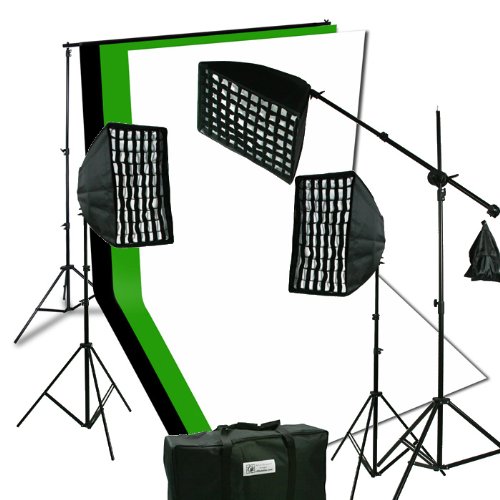 ePhoto 2400 Watt Digital Video Continuous Softbox Boom Hair Lighting Kit with 3pcs Black, White and Chromakey Green 10' x 10' Muslin Background Stand Support NEW HGD21010BWG