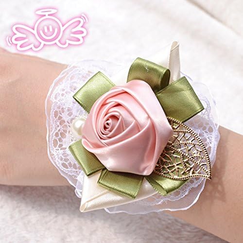 Rinzony Silk Rose Bridal Lace Wrist Corsage with Pearl Wristband Wedding Flower for Bridesmaid (1, Dark Pink)
