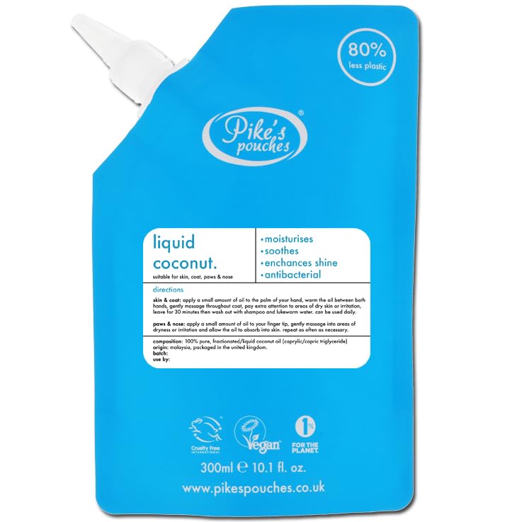 Pike's Pouches Coconut Oil for Dogs & Cats Liquid UK 300ml - Itchy Skin Relief | Moisturiser for Dry Skin and Coat | Nose & Snout Soother | Natural Remedy for Itchy Paws | Suitable for Puppy Fur