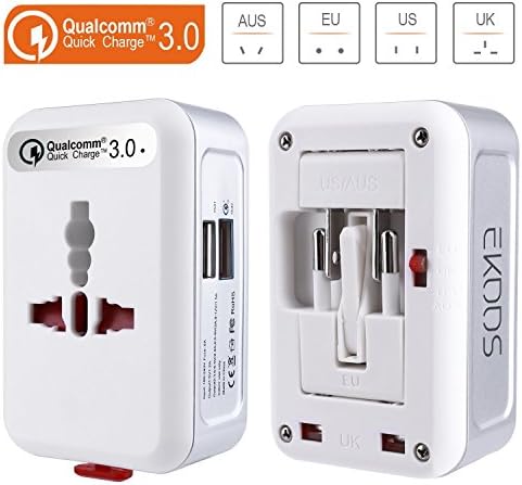 EKOOS Travel Power Adapter Universal, QC 3.0 International All in One Travel Plug AC Adapter Converter High Speed Wall Charger with Dual USB Charging Ports for US EU UK AUS