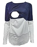 Charbolin Women's Breastfeeding and Nursing Long Sleeves Nave Blue Lace Striped Stitching Shirt Tops Clothes