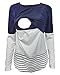 Charbolin Women's Breastfeeding and Nursing Long Sleeves Nave Blue Lace Striped Stitching Shirt Tops Clothes