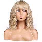 BERON Blonde Wigs for Womens Short Curly Wavy Wig with Bangs Girls Dark Blond Wigs Heat Resistant Synthetic Hair Party Daily Use Wigs