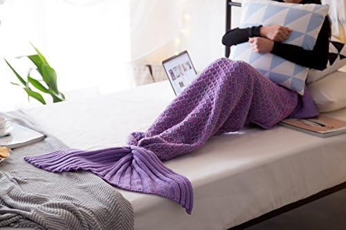 Mermaid Tail Blanket Handmade Crochet Mermaid Blanket for Adults and Kids, Soft All Seasons Sleeping Blankets, Classic Pattern (56"x28", Colorful Purple)