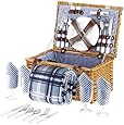 VonShef 4 Person Wicker Picnic Basket Hamper Set with Flatware, Plates and Wine Glasses Includes Blue Checked Pattern Lining and FREE Picnic Blanket