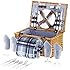 VonShef 4 Person Wicker Picnic Basket Hamper Set with Flatware, Plates and Wine Glasses Includes Blue Checked Pattern Lining and FREE Picnic Blanket
