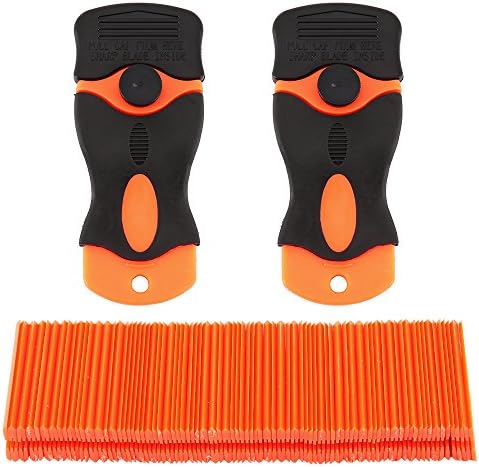 WarmCare 100pcs Double Edged Plastic Razor Scraper Blades with 2 Pc Scraper Removal for Auto Window Tint Vinyl Tool Application