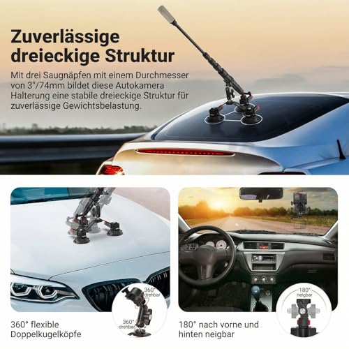 NEEWER Triple Suction Cup Car Mount Compatible with Insta360 X5 X4 GoPro DJI OSMO 360 Cameras, Quick Release Windscreen Magic Arm Mount, 2 in 1 Extension Rod/Selfie Stick, CA065