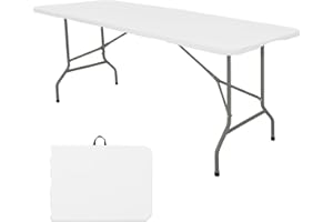 HAISIWLKJ Folding Table 8 FT Camping Table Portable Heavy Duty Plastic Rectangular Outdoor Dining Table Steel Legs Fold-in-Half with Carrying Handle for Indoor,Picnic,Party,Wedding,Events(White)