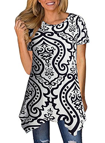 ZESICA Women s Summer Short Sleeve Damask Printed Asymmetrical Tunic Loose Long Blouse Tops
