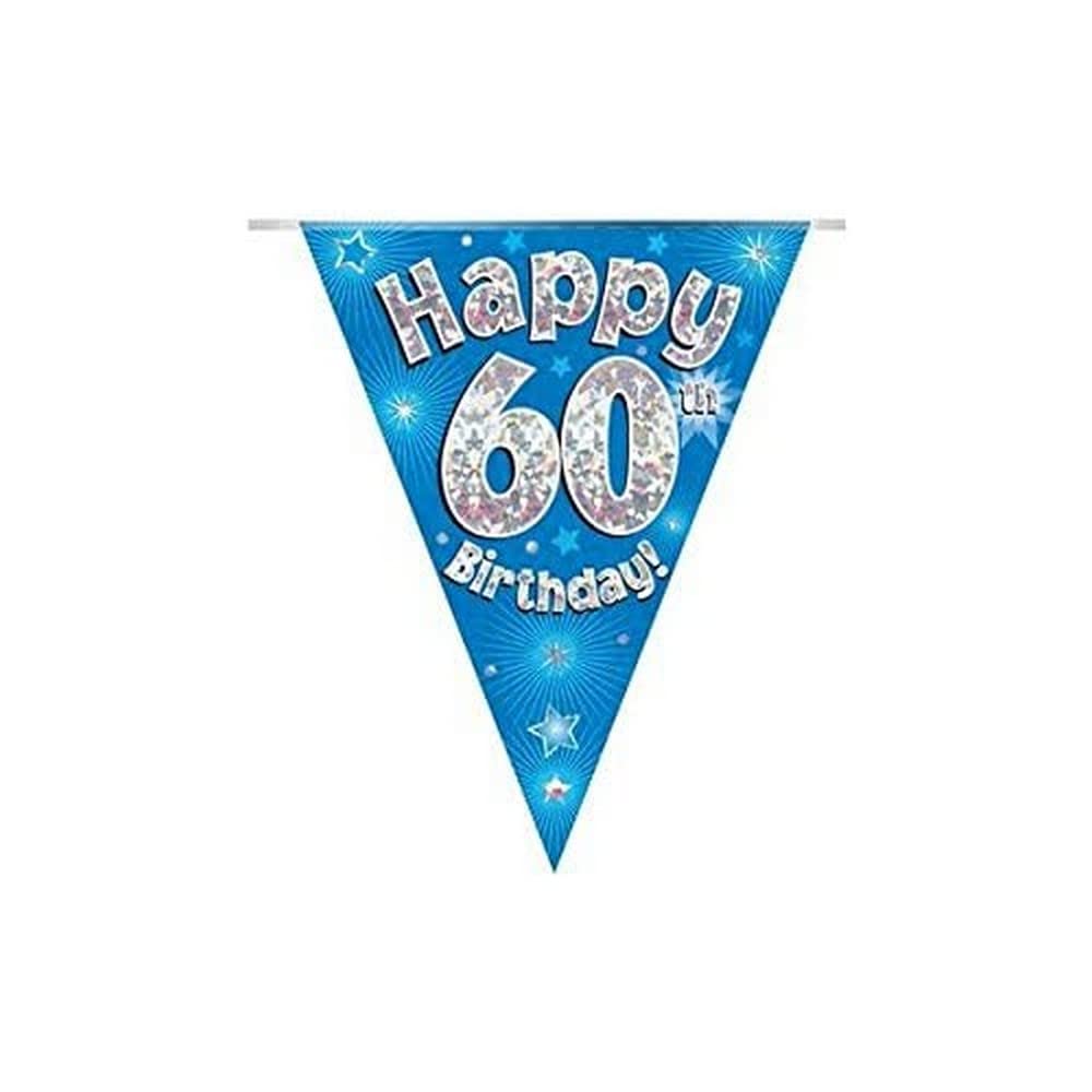 Party Bunting Happy 60th Birthday Blue Holographic 11 flags 3.9m