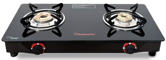 Butterfly Smart Glass 2 Burner Gas Stove, Black