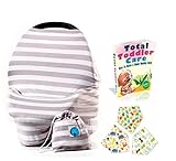 Baby Car Seat Cover Canopy and Infant Nursing Cover Multi-Use Stretchy 4 in 1 Breastfeeding And Shopping Cart And High Chair comes in Unique Gift Bag by Babyezar. Unisex Gray And White Colors.