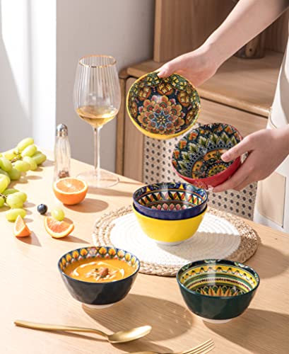 Henten Home Zuppiera Set of 6 Colored Ceramic Bowls - 360ml, Muesli Dessert Bowl | Salad | Soup | Corn Flakes | Breakfast, Boho Dinner Service - Multicolor