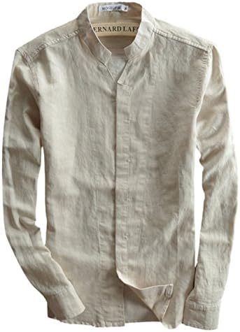 Qiuse Men's Linen Mandarin Collar Roll-Up Sleeves Shirt (Small, beige)