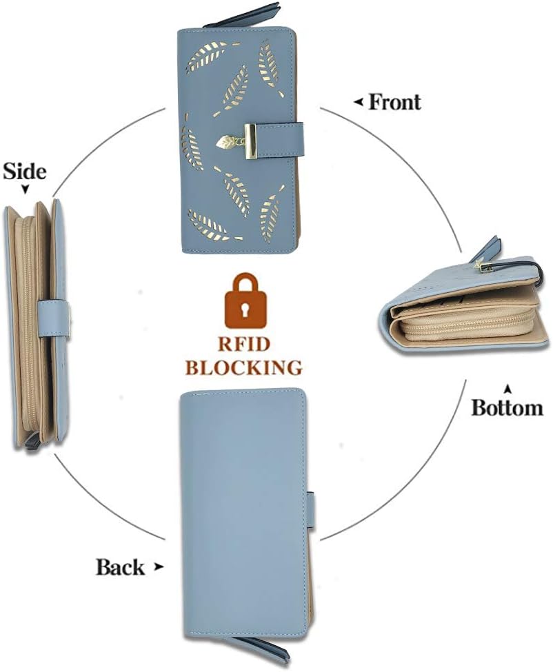 CHAOFANXI Women's Wallet Hollow Leaf Pattern Bifold Leather Lady Long Wallet Purse Zip Birthday Xmas Gifts for Women Girls(Blue) - Image 5