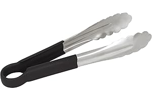 LZMS 9 1/2" Black Coated Handle Food Grade Stainless Steel Scalloped Tongs for Cooking, BBQ, Non-Slip Grip Set of 4 (Black)