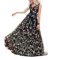 KONVINIT Womens Long 3D Flower Prom Party Dress Backless Casual Gown Tulle Prom Maxi Dress Black