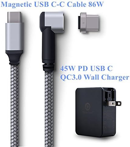 Power Trend Fast Charging Right Angled L Side 86W 4.3A Reversible Magnetic USB Type C to USB C Cable 2M 6.6FT Nylon Braided Cord for MacBook Pro/Chromebook Pixel USB-C Notebooks (Gray+Charger)