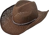 Simplicity Men & Women's Woven Straw Cowboy Hat w/ PU Leather Band & Chin Strap