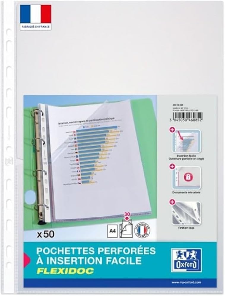 OXFORD Pack of 50 Perforated Pockets with Side Opening Flexidoc A4 Smooth Polypropylene Thickness 7/100 Colourless