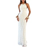 GORGLITTER Women's Backless Halter Maxi Dress Ruched Sleeveless Tiered Ruffle Wedding Guest Long Dresses