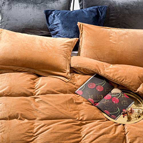 NTBAY Velvet Flannel Queen Duvet Cover Set, 3 Pieces Zippered Comforter Cover Set, Camel