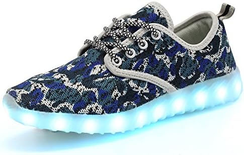 QZMUSE Rainbow Color Unisex LED Shoes Kid's Luminous Dance Shoes Lights Flashing Fashion Sneaker, Blue Camo, 31