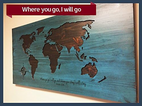 Wooden world map, map wall art, Large Carved map, Vintage map, rustic, travel decor, anniversary gift idea, Blue Map, custom Wood wall art, Where You Go, I Will Go, Ruth 1:16