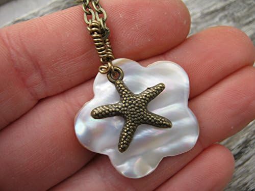 Starfish Mother of Pearl Necklace, Wire Wrapped Shell Pendant, Antiqued BRONZE, Beach Necklace, Handmade