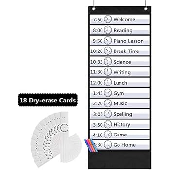 Eamay Daily Schedule Pocket Charts, Teaching Scheduling Pocket Chart, Hanging File Organizer with 18 Dry Erase Cards, Educational Tool for Classroom, School, Office or Homeschooling, Black