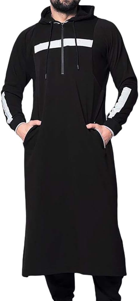 Yunhou Men Printed Pullover Middle East Muslim Kaftan Hooded Pullover with Drawstring Vintage Knee Length Outerwear with Kangaroo Pockets
