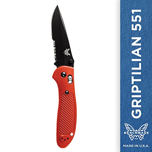 Benchmade - Griptilian 551 Knife, Serrated Drop-Point, Coated Finish, Orange Handle