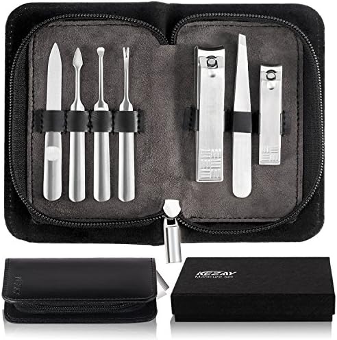 KEZAY Manicure Pedicure Set 7 in 1,Stainless Steel Grooming Kit Include Nail Clippers Set and Pedicure Tools with Best Leather Travel Case and Gift Box for Women Men or Family