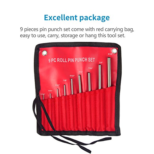Twod Roll Pin Punch Set with Storage Pouch, 9 Piece Steel Removal Tool